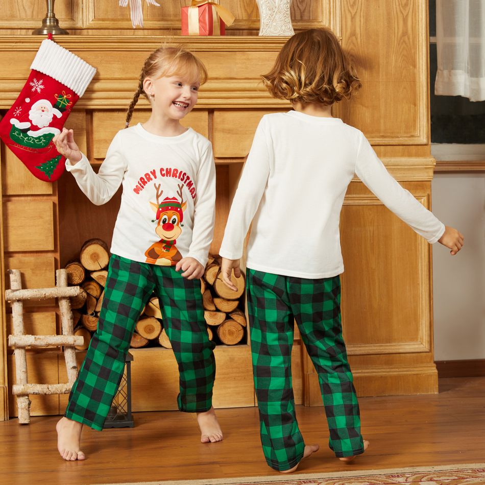 Christmas Reindeer and Letter Print Family Matching Long-sleeve Plaid Pajamas Sets (Flame Resistant) Green/White big image 4