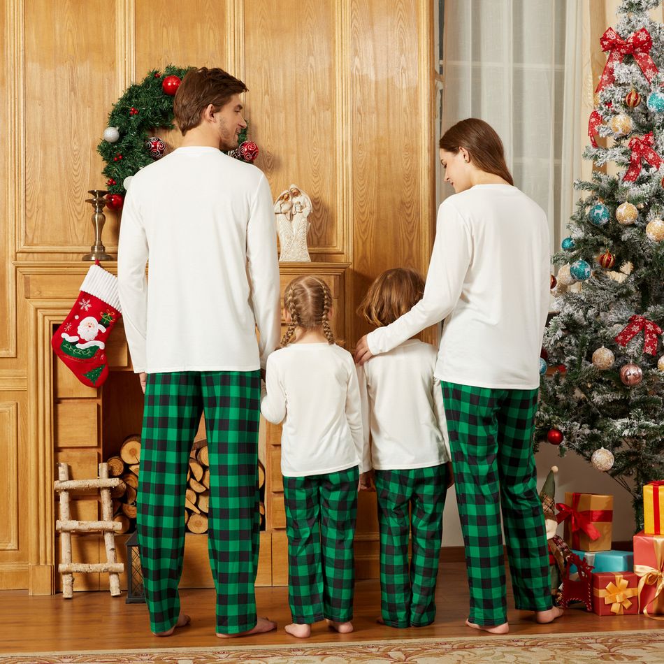 Christmas Reindeer and Letter Print Family Matching Long-sleeve Plaid Pajamas Sets (Flame Resistant) Green/White big image 3