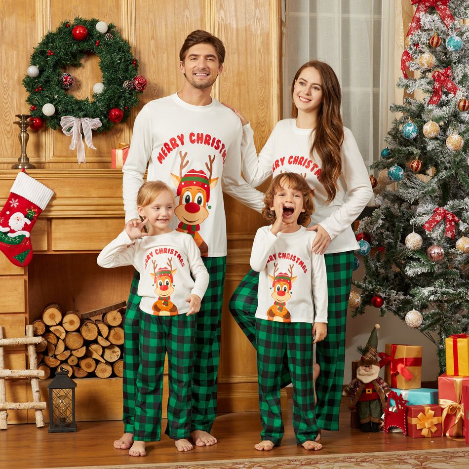 Christmas Reindeer and Letter Print Family Matching Long-sleeve Plaid Pajamas Sets (Flame Resistant) Green/White big image 1