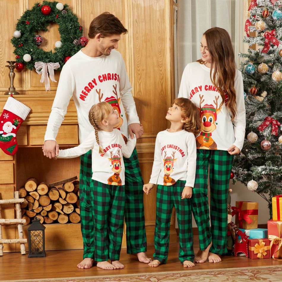 Christmas Reindeer and Letter Print Family Matching Long-sleeve Plaid Pajamas Sets (Flame Resistant) Green/White big image 2
