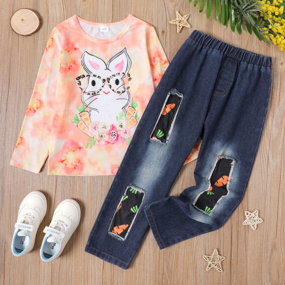 Easter 2-piece Kid Girl Cute Rabbit Print Tie Dyed Long-sleeve Tee and Carrot Patchwork Denim Jeans Set Orange