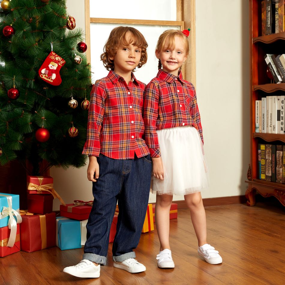 Christmas Red Plaid Family Matching 100% Cotton Long-sleeve Shirts Sets Red/White big image 3