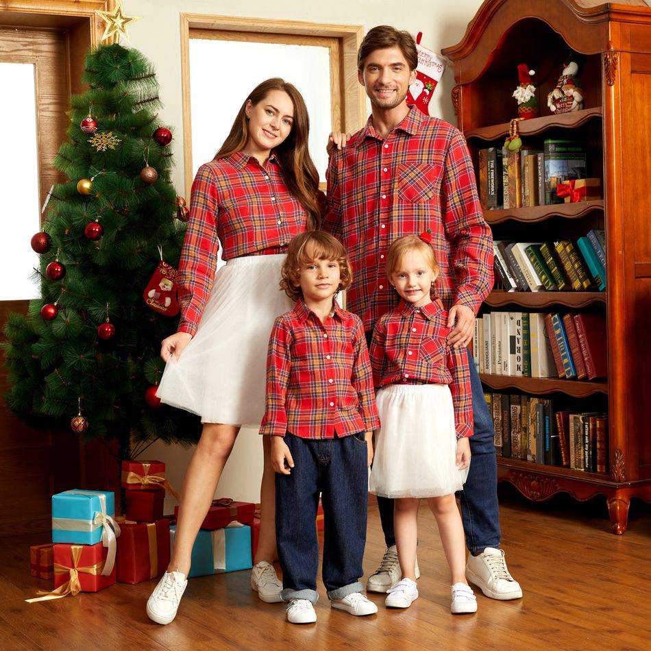 Christmas Red Plaid Family Matching 100% Cotton Long-sleeve Shirts Sets Red/White big image 1