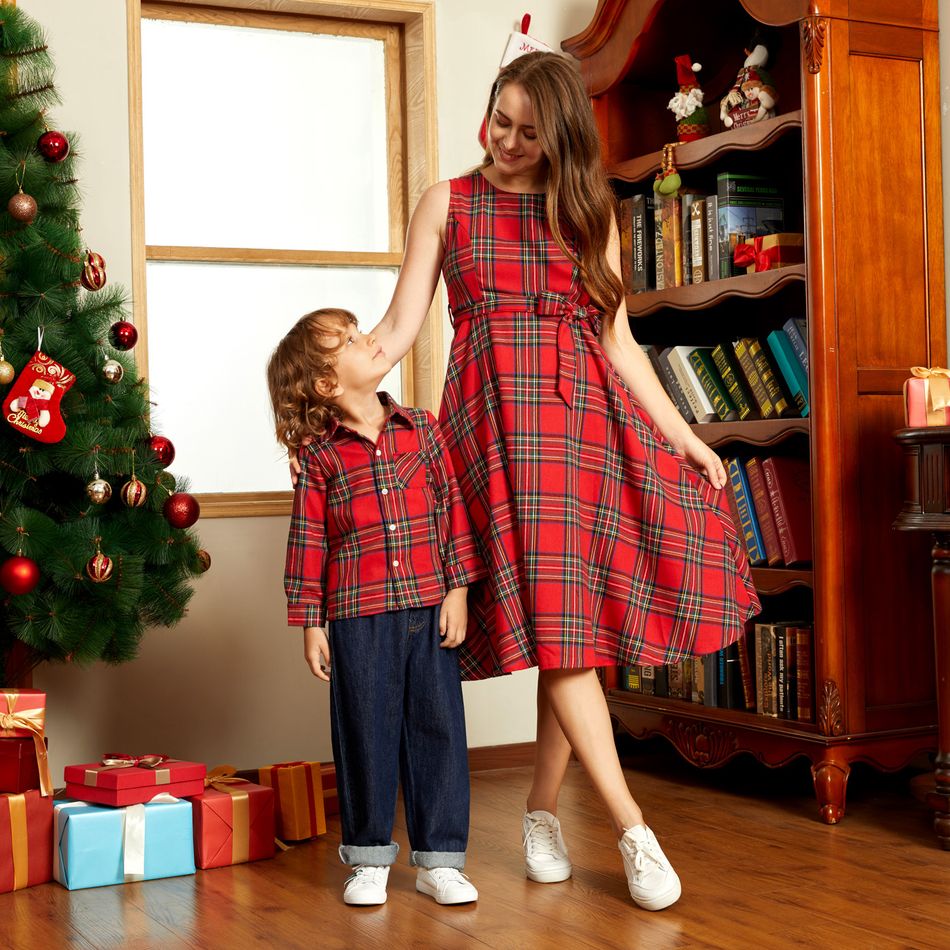 Christmas Red Plaid Sleeveless Bowknot Midi Dresses and Long-sleeve Shirts Sets Red big image 14