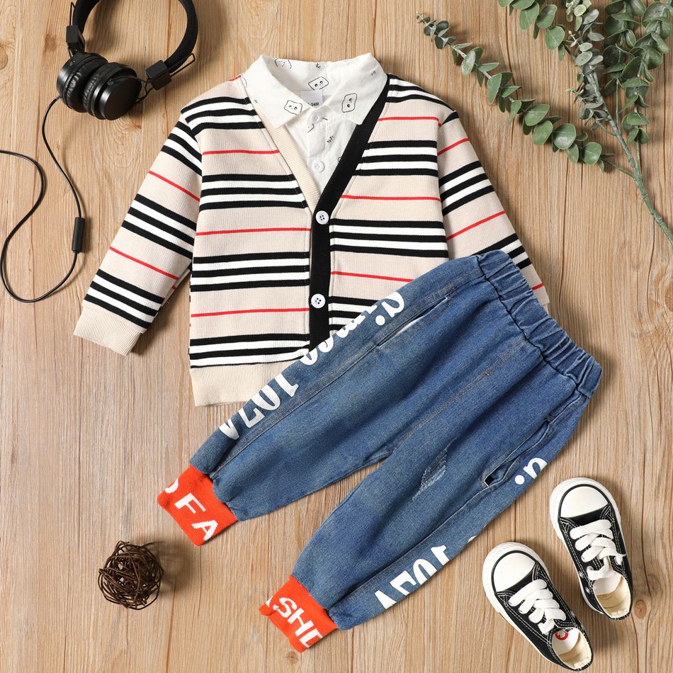 3pcs Bear Allover Lapel Collar Long-sleeve Shirt and Stripe Print Beige or Black Coat Cardigan and Blue Jeans Toddler Set Beige
