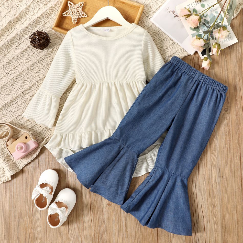 2-piece Toddler Girl Waffle Ruffled High Low Long-sleeve White Top and Flared Denim Jeans Set White