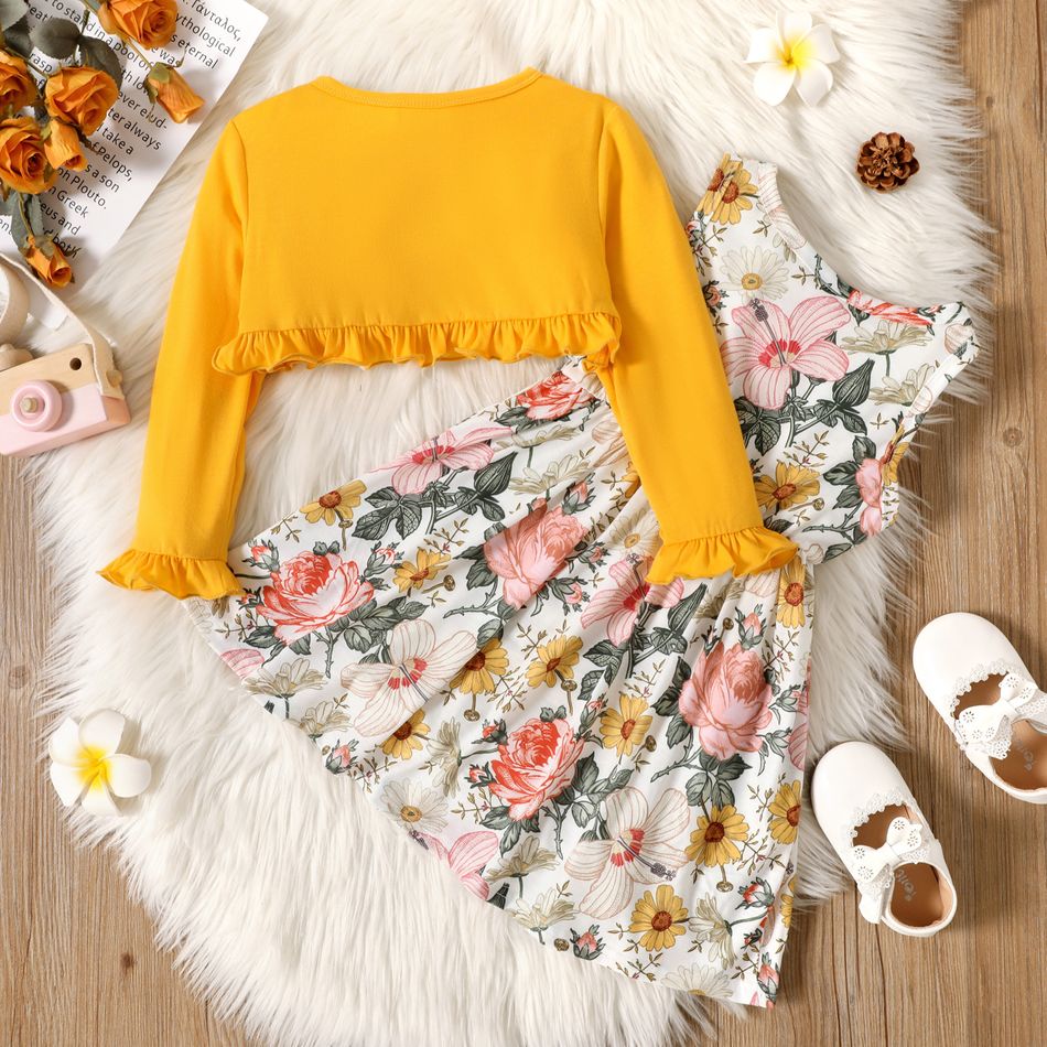 2-piece Toddler Girl Floral Print Sleeveless Dress and Ruffled Cardigan Set Yellow big image 2
