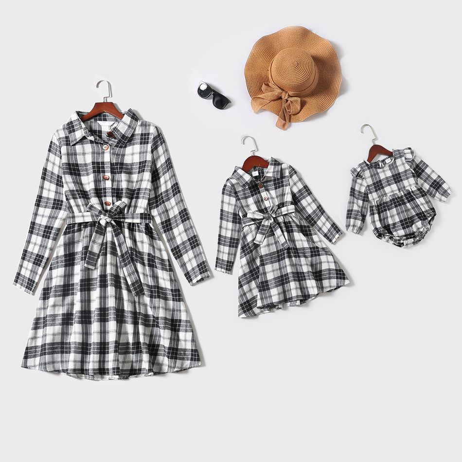Plaid Print Button Half Placket Long-sleeve Belted Dress for Mom and Me Black/White