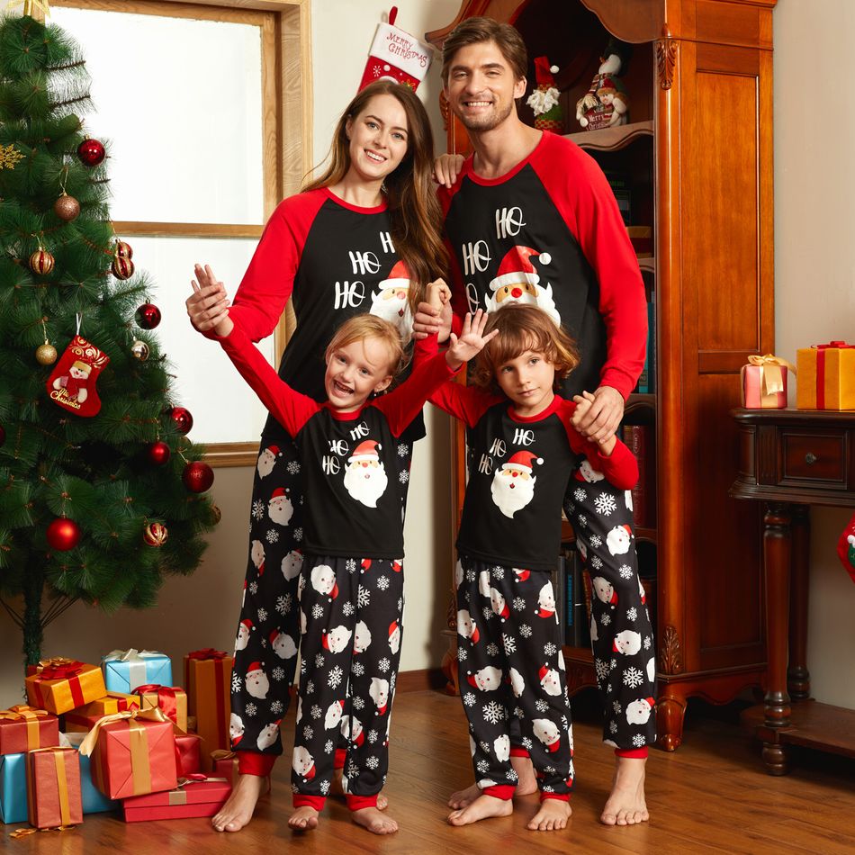 Christmas Cartoon Santa and Snowflake Print Black Family Matching Raglan Long-sleeve Pajamas Sets (Flame Resistant) Black big image 2