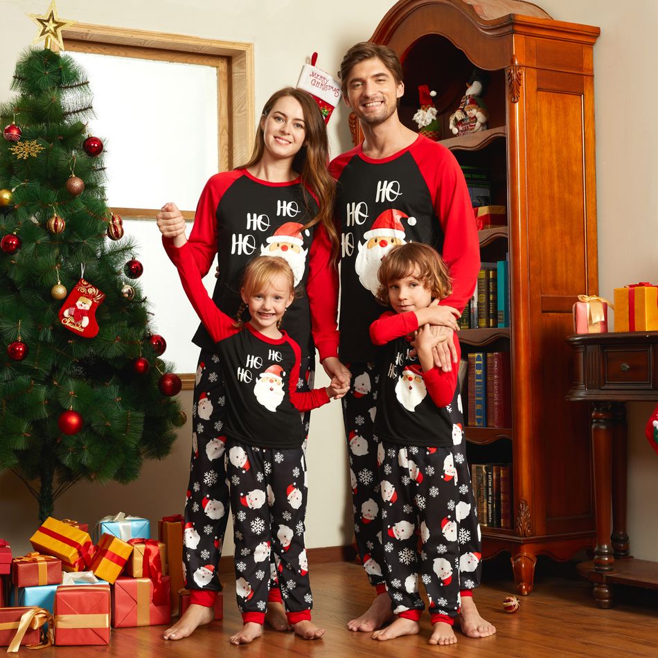 Christmas Cartoon Santa and Snowflake Print Black Family Matching Raglan Long-sleeve Pajamas Sets (Flame Resistant) Black big image 7