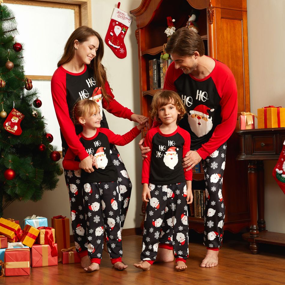 Christmas Cartoon Santa and Snowflake Print Black Family Matching Raglan Long-sleeve Pajamas Sets (Flame Resistant) Black big image 6