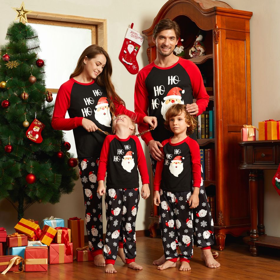 Christmas Cartoon Santa and Snowflake Print Black Family Matching Raglan Long-sleeve Pajamas Sets (Flame Resistant) Black big image 5