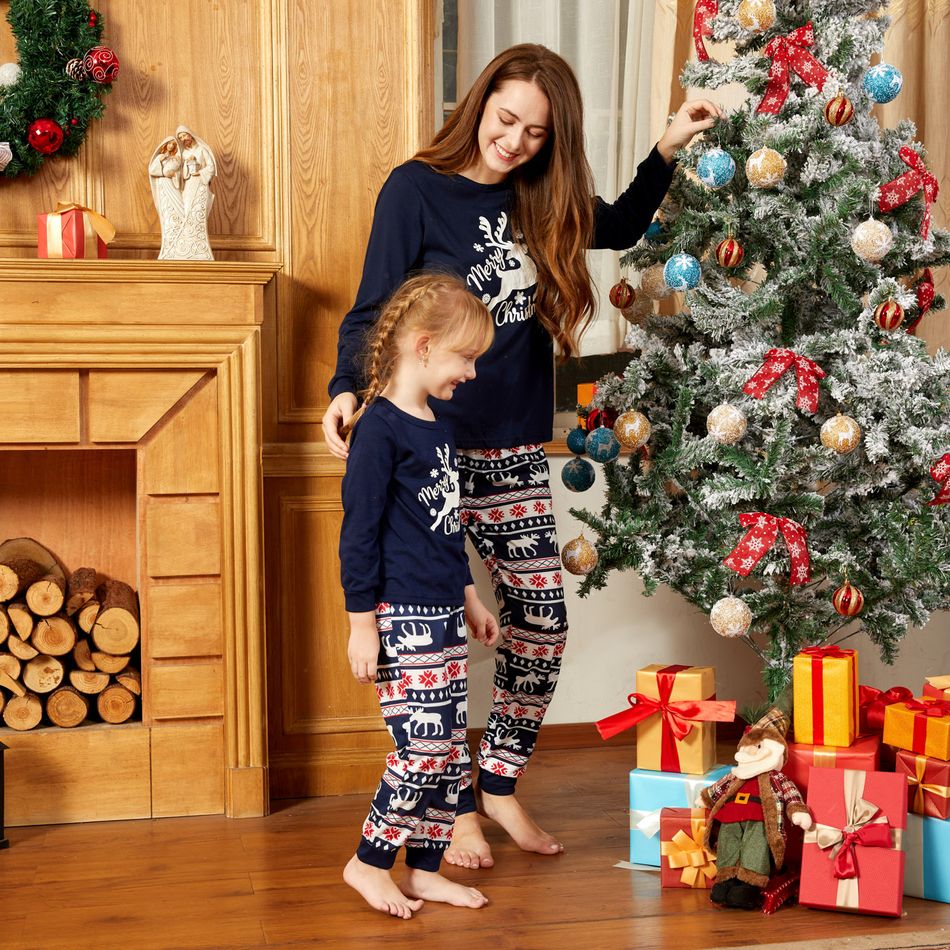 Christmas Deer and Letters Print Navy Family Matching Long-sleeve Pajamas Sets (Flame Resistant) Dark Blue big image 13