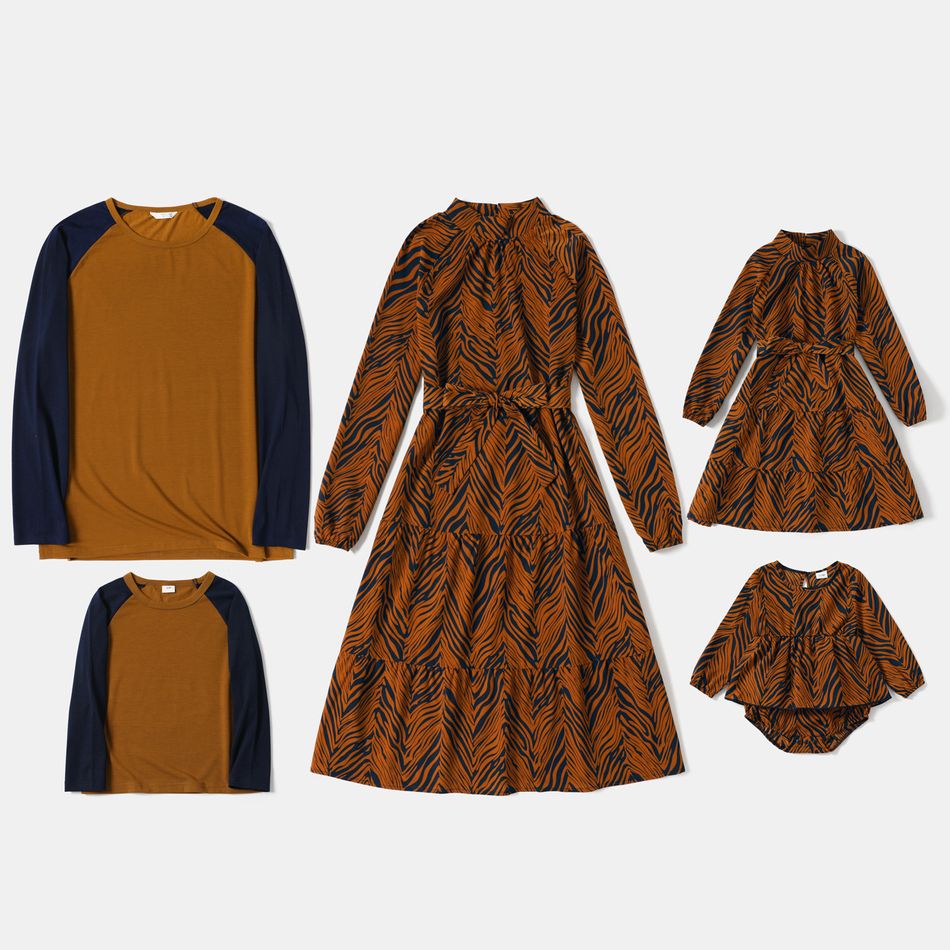 Family Matching Allover Floral Print Long-sleeve Belted Dresses and Color Block T-shirts Sets Brown