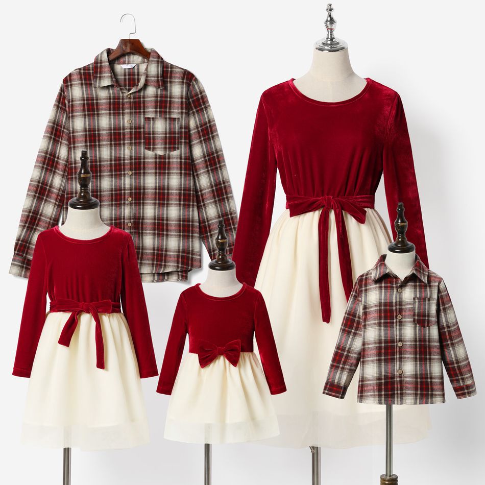 Christmas Family Matching Red Velvet Long-sleeve Splicing Mesh Dresses and Shirts Sets Color block