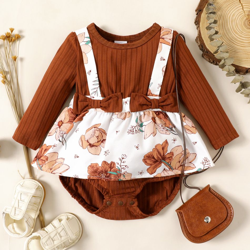 Baby Girl Brown Ribbed Long-sleeve Bowknot Ribbed Floral Printed Skirted Romper Color block