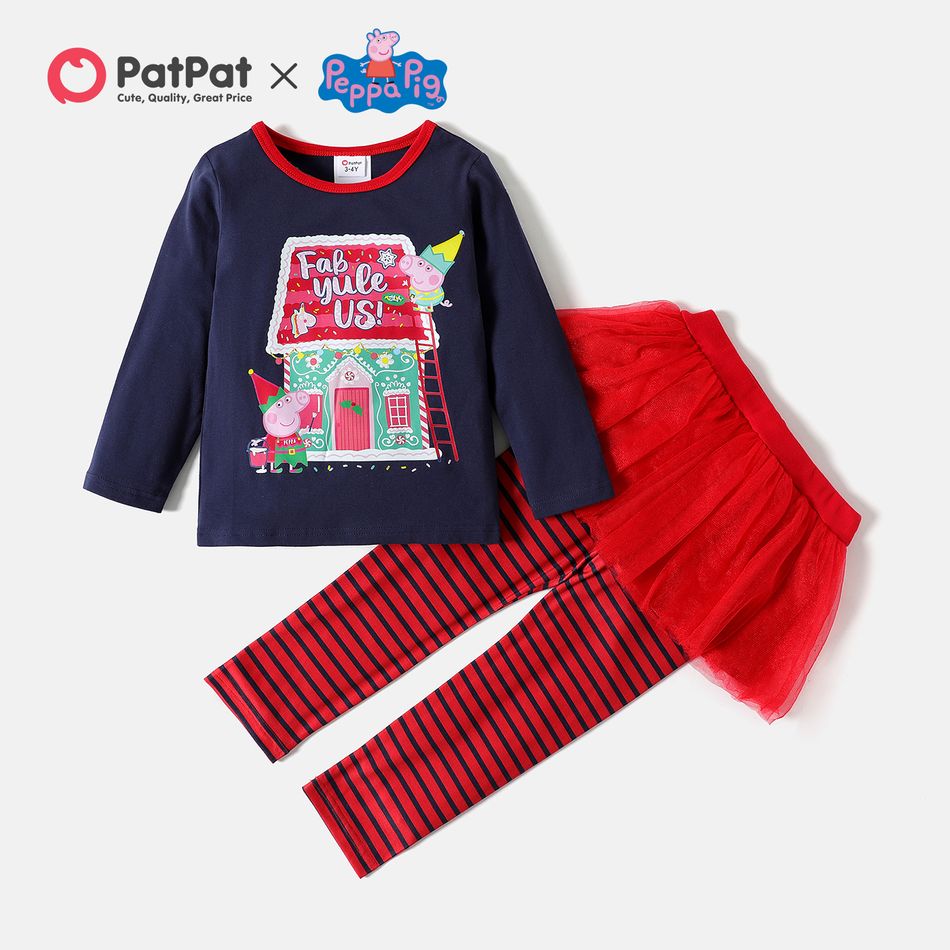 Peppa Pig 2-piece Toddler Girl Christmas Top and Stripe Mesh Leggings Set Royal Blue
