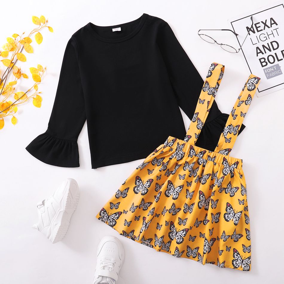 2-piece Kid Girl Long Bell sleeves Black Top and Butterfly Print Suspender Skirt Set Yellow