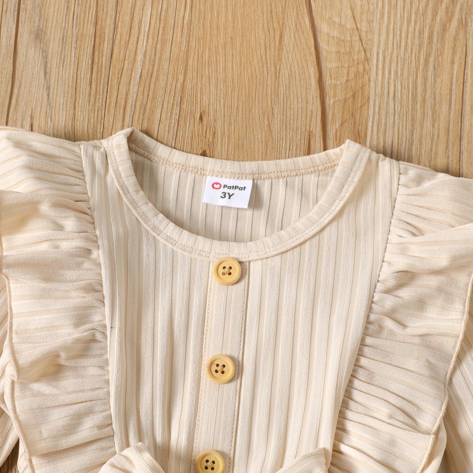 Toddler Girl Ruffled Ribbed Bowknot Design Floral Print Splice Long-sleeve Dress Brown big image 3