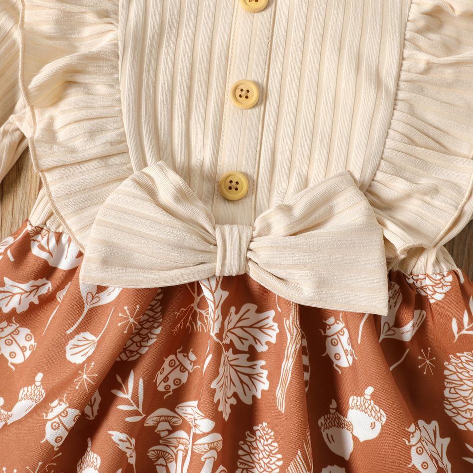 Toddler Girl Ruffled Ribbed Bowknot Design Floral Print Splice Long-sleeve Dress Brown big image 4