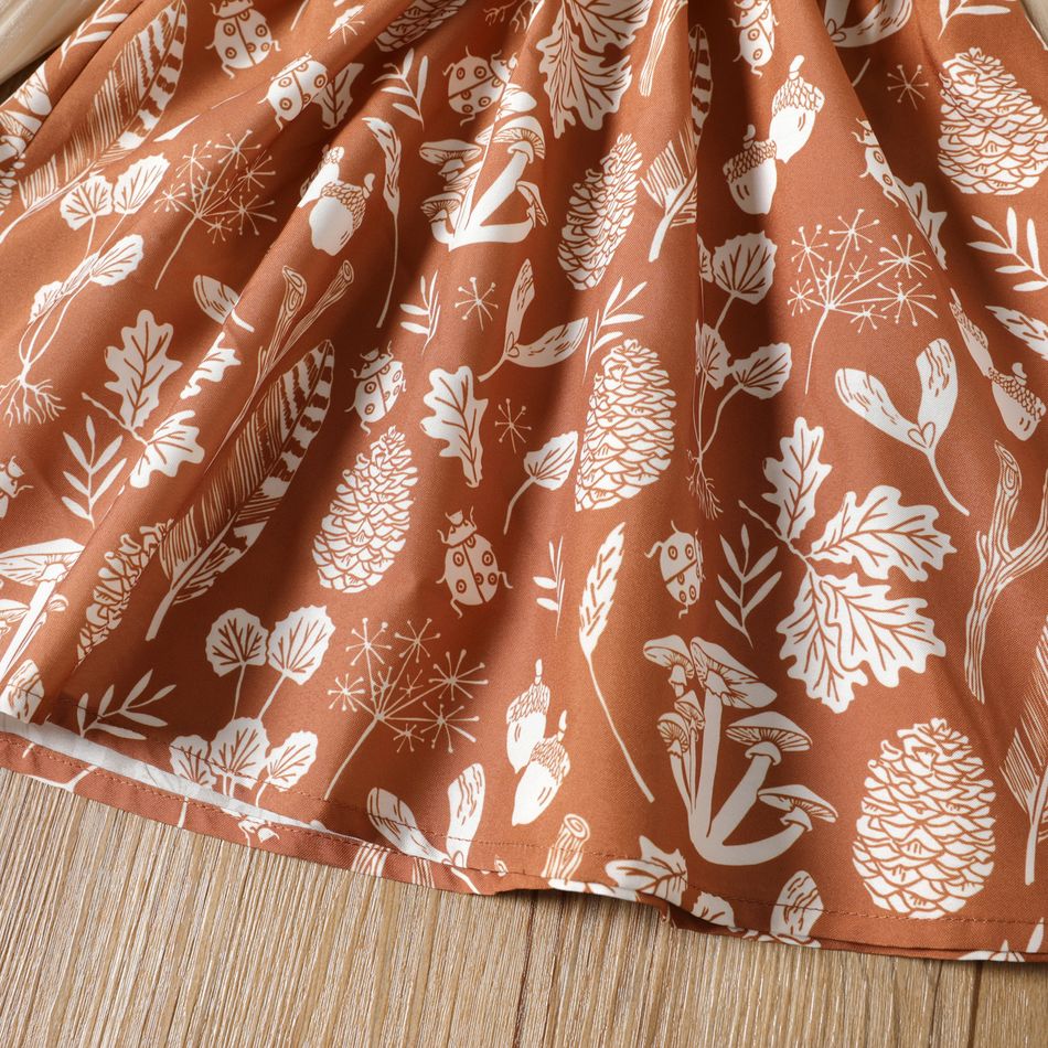 Toddler Girl Ruffled Ribbed Bowknot Design Floral Print Splice Long-sleeve Dress Brown big image 5