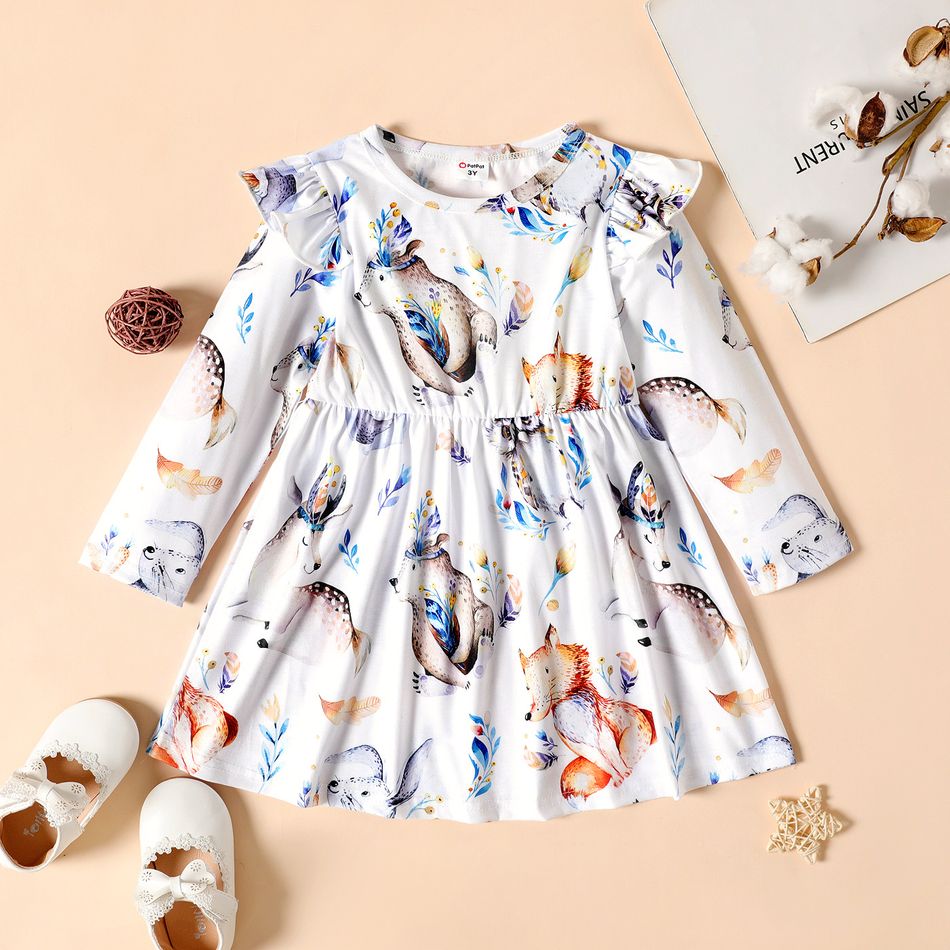 Toddler Girl Ruffled Animal Print Long-sleeve Dress White