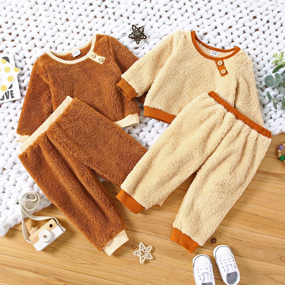 2pcs Baby Boy/Girl Solid Fuzzy Fleece Long-sleeve Pullover and Trousers Set Apricot