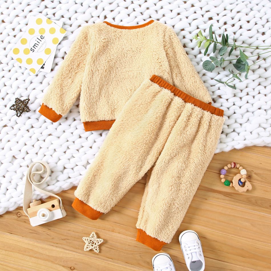 2pcs Baby Boy/Girl Solid Fuzzy Fleece Long-sleeve Pullover and Trousers Set Apricot big image 5