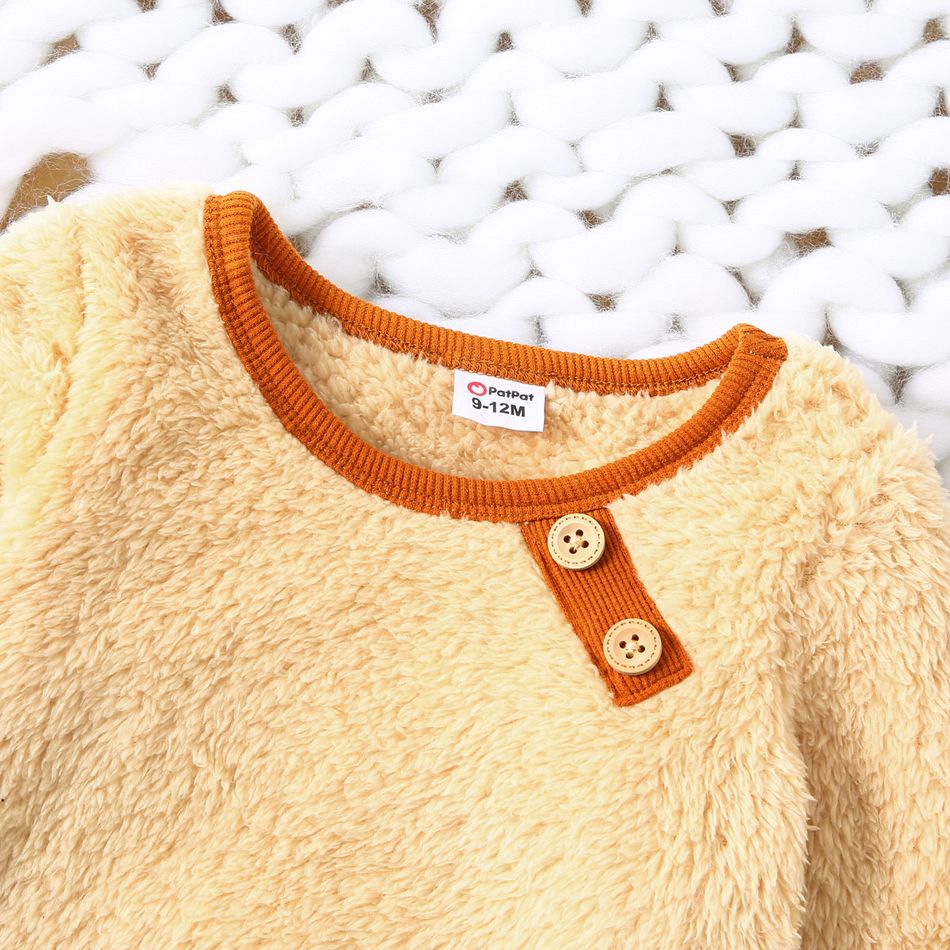 2pcs Baby Boy/Girl Solid Fuzzy Fleece Long-sleeve Pullover and Trousers Set Apricot big image 2