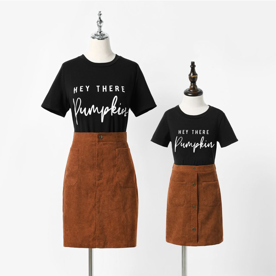 Letter Print Solid Short-sleeve T-shirts with Bodycon Skirts Sets for Mom and Me Black