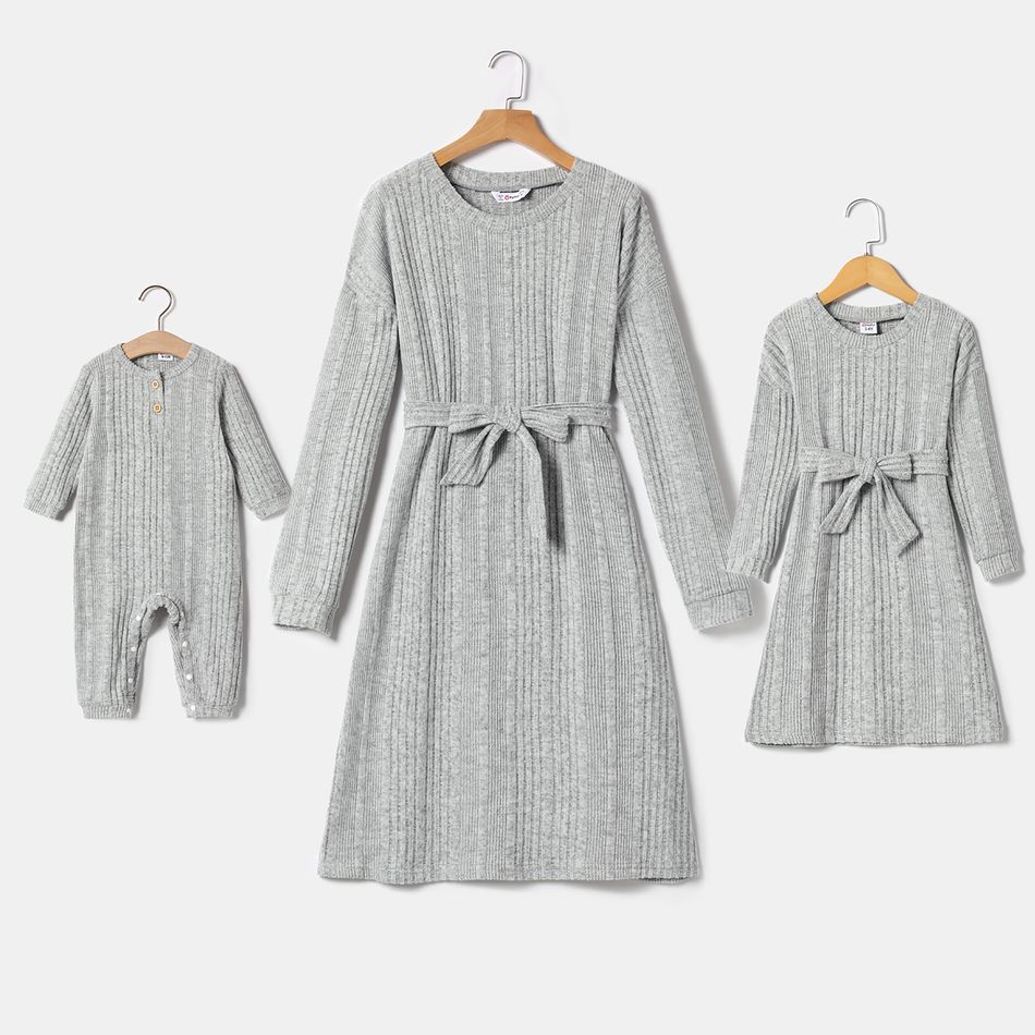 Solid Grey Round Neck Long-sleeve Belted Knitted Dress for Mom and Me Grey