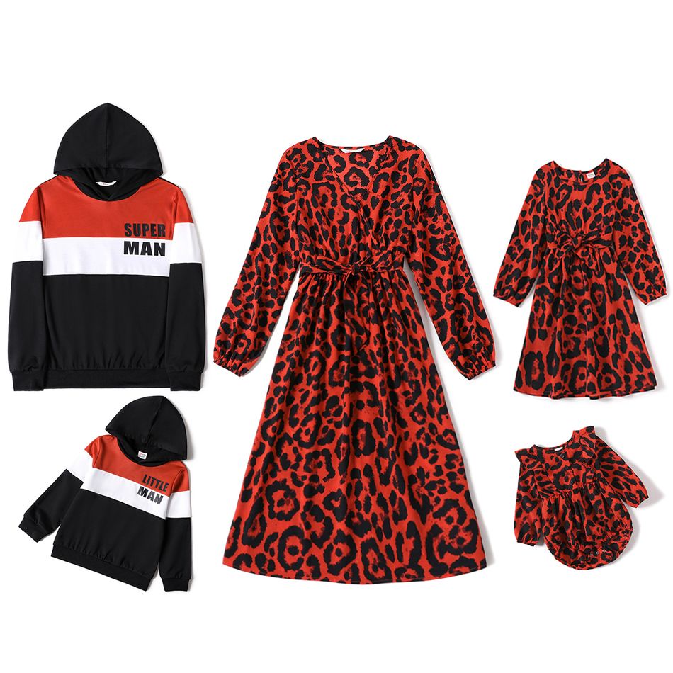 Family Matching All Over Leopard Long-sleeve Belted Dresses and Color Block Hoodies Sets redblack
