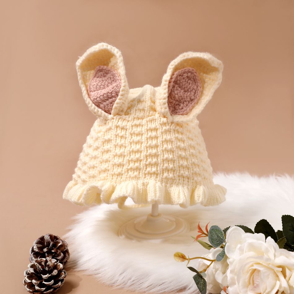 Baby / Toddler Bunny Ear Decor Ruffle Solid Color Knit Beanie Hat with Rope Creamy White