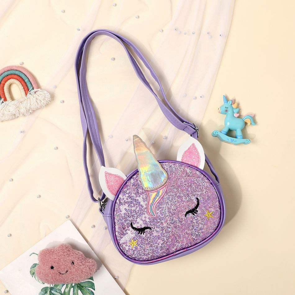 Kids Cartoon Sequined Unicorn Shoulder Messenger Bag Purse for Girls Purple