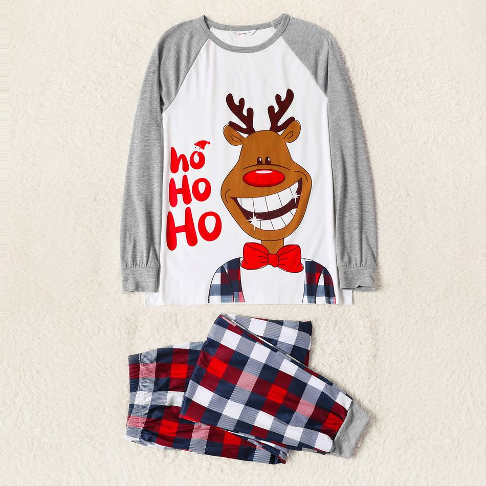 Christmas Elk and Letter Print Family Matching Long-sleeve Plaid Pajamas Sets (Flame Resistant) Light Grey big image 2