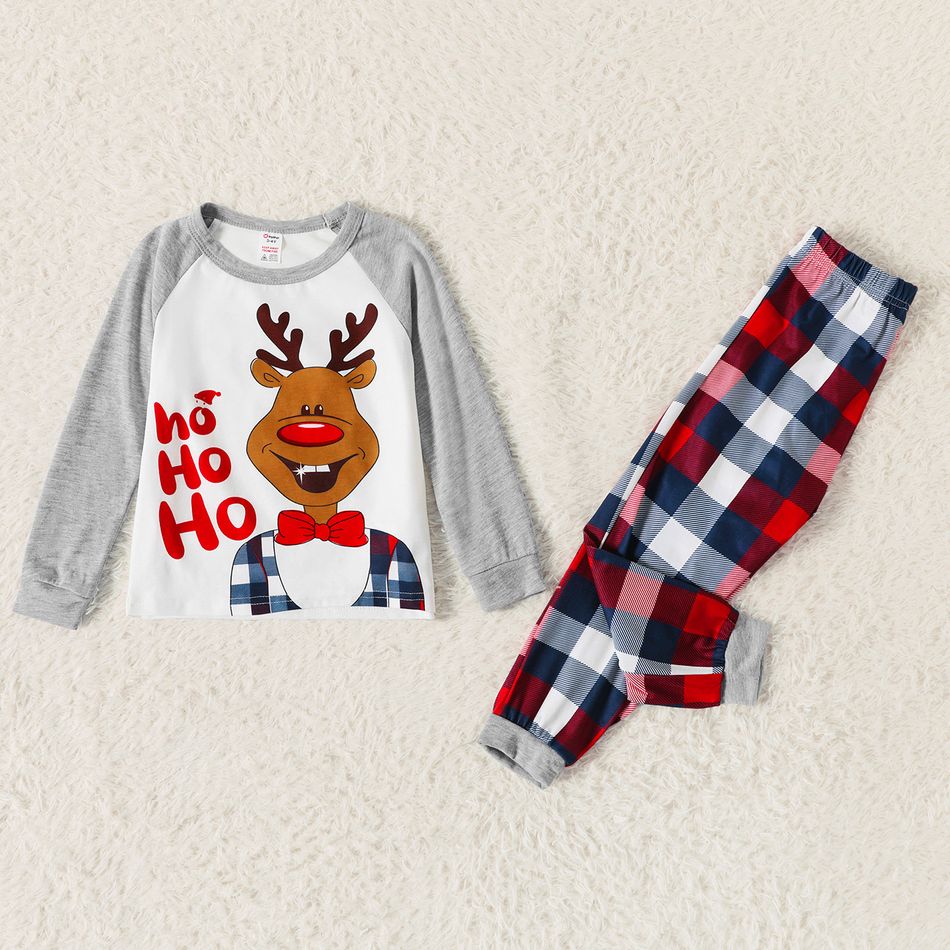 Christmas Elk and Letter Print Family Matching Long-sleeve Plaid Pajamas Sets (Flame Resistant) Light Grey big image 7