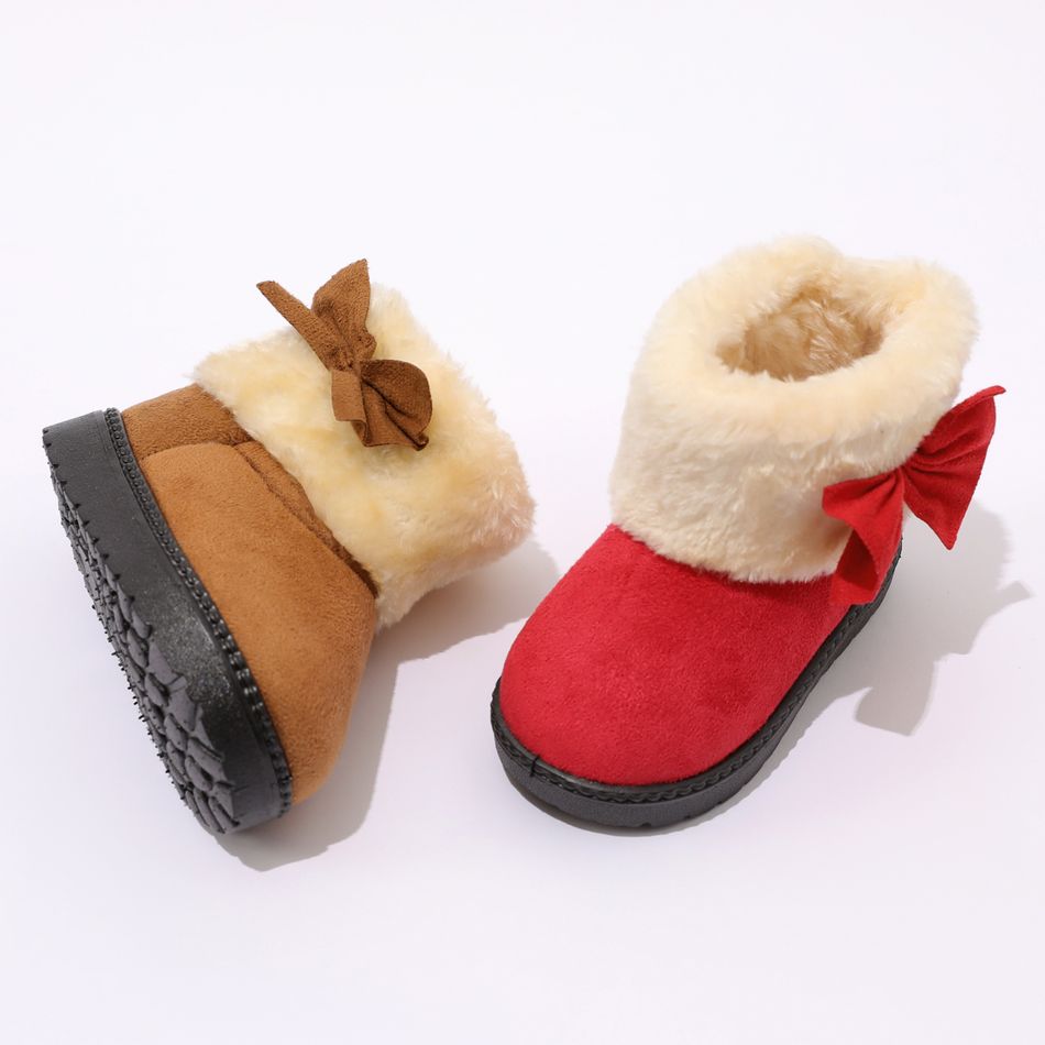 Toddler Bow Decor Pure Color Fuzzy Fleece Boots Red big image 3
