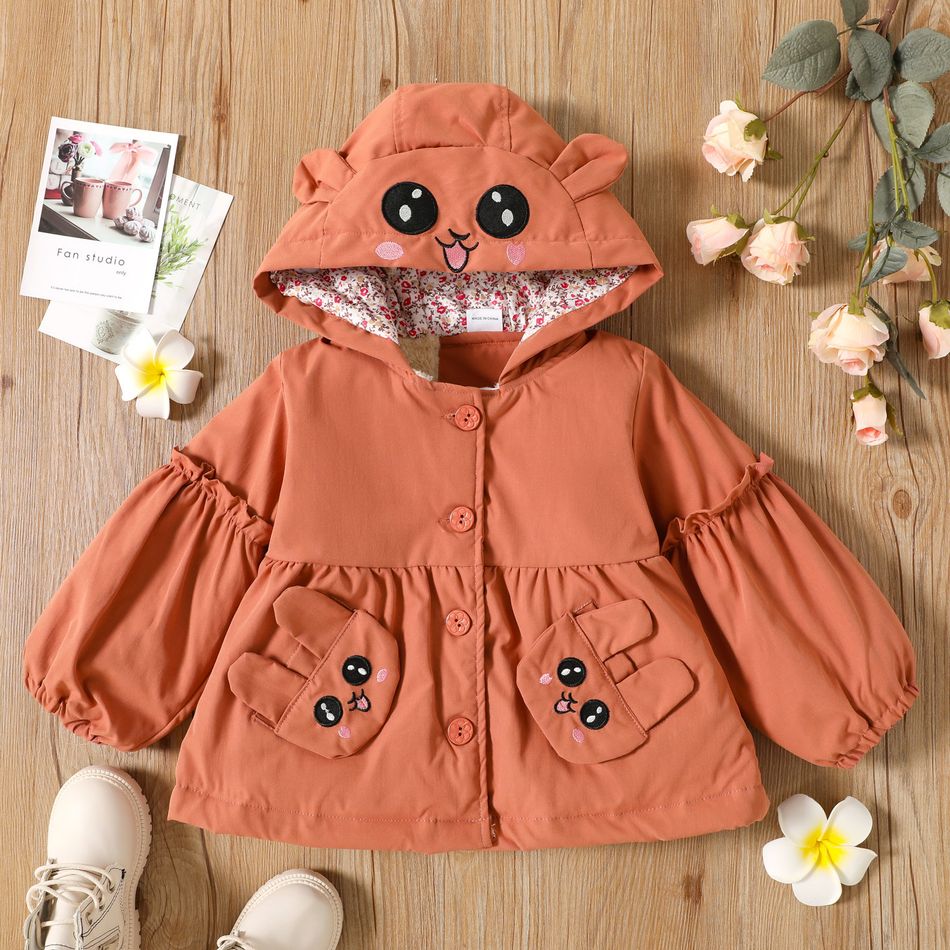 Toddler Girl Fleece Lined Cute Rabbit Embroidered Ear Design Floral Print Hooded Coat Pink