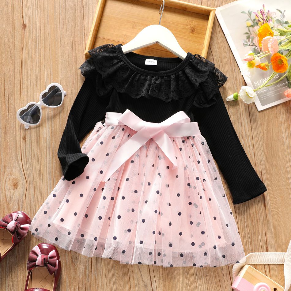 Toddler Girl Lace Bowknot Design Polka dots Mesh Splice Long-sleeve Dress Pink