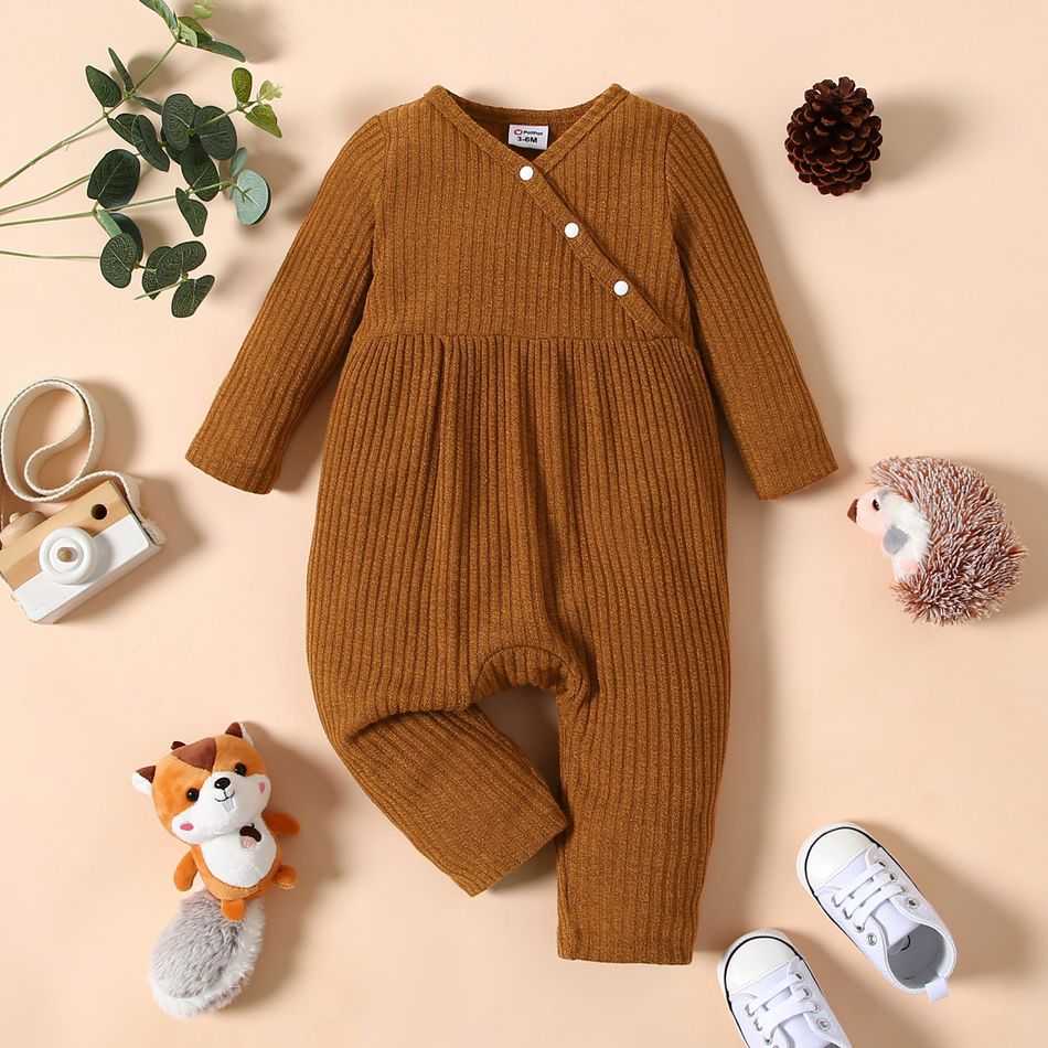 Baby Girl Ribbed Brown/White All Over Animal Print V Neck Long-sleeve Jumpsuit Brown