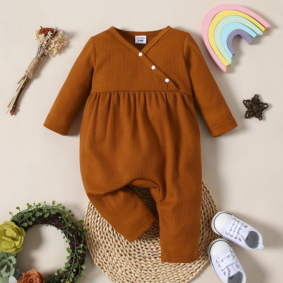 Baby Girl Waffle Brown/White All Over Rainbow Print V Neck Long-sleeve Jumpsuit Brown