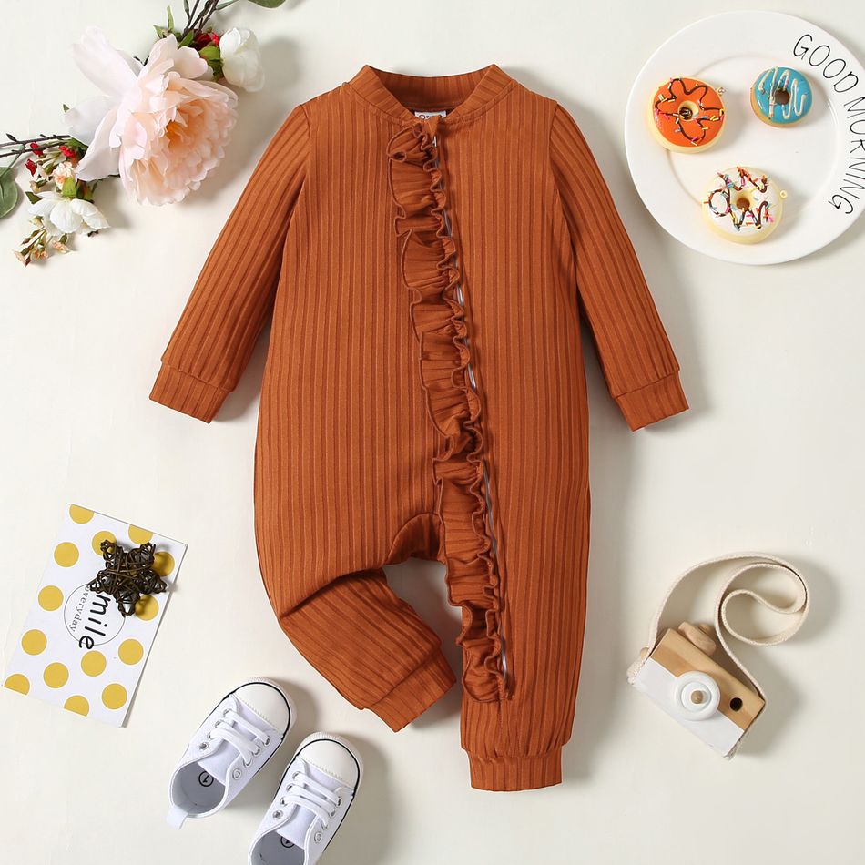 Baby Girl Print/Solid Ribbed Long-sleeve Ruffle Zip Jumpsuit Brown
