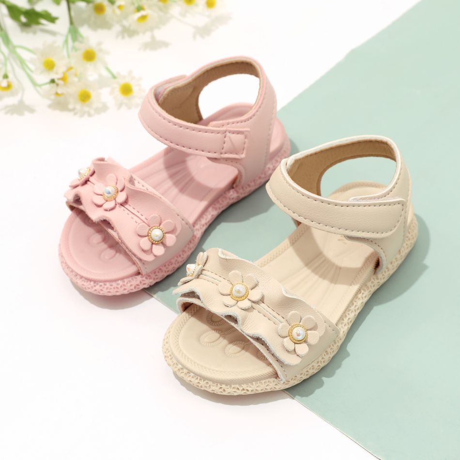 Toddler Flower Decor Ankle Strap Velcro Open Toe Sandals Pink big image 2