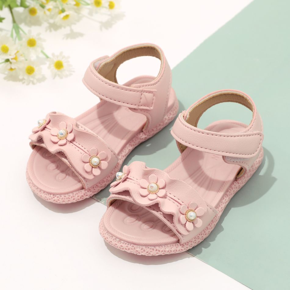 Toddler Flower Decor Ankle Strap Velcro Open Toe Sandals Pink