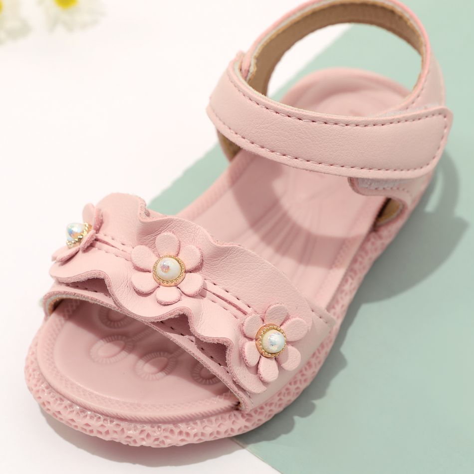 Toddler Flower Decor Ankle Strap Velcro Open Toe Sandals Pink big image 4
