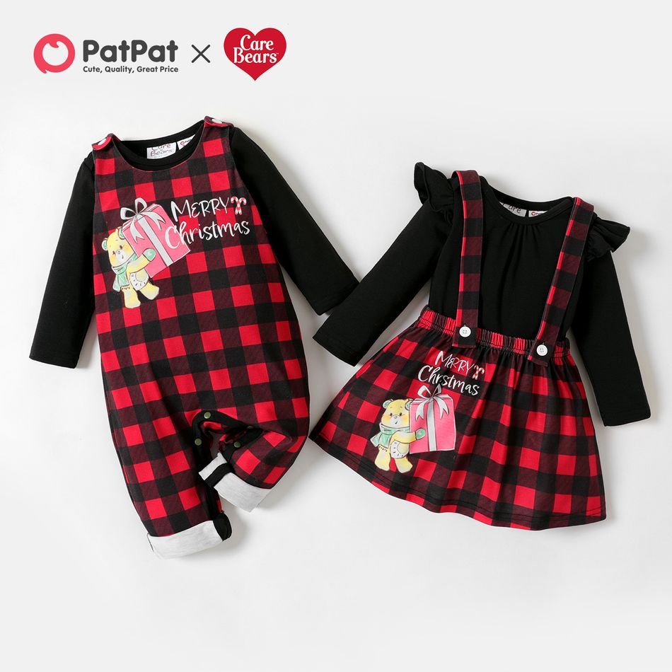 Care Bears 2-piece Christmas Plaid Overalls and Solid Bodysuit Sibling Sets Black