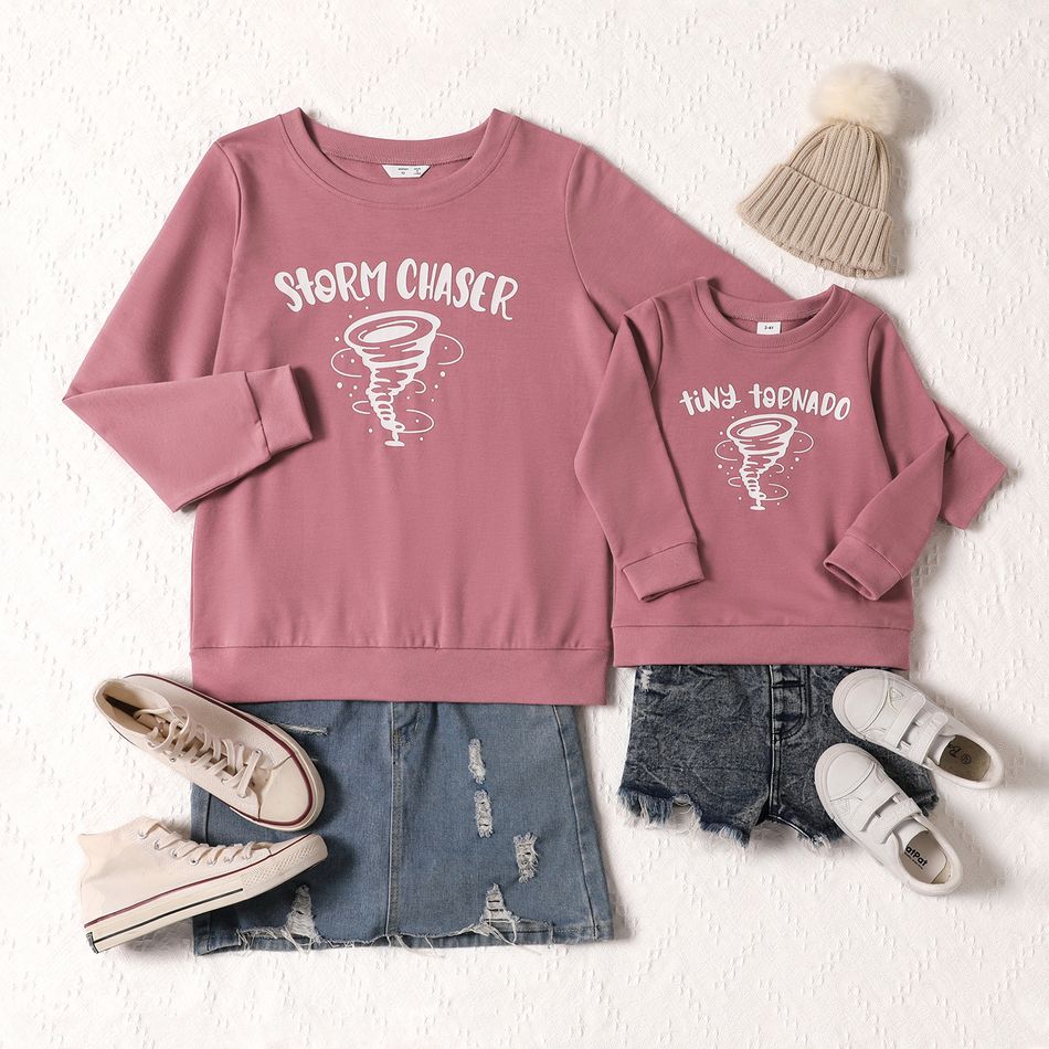 Whirlwind and Letter Print Solid Long-sleeve Matching Sweatshirts Cameo brown