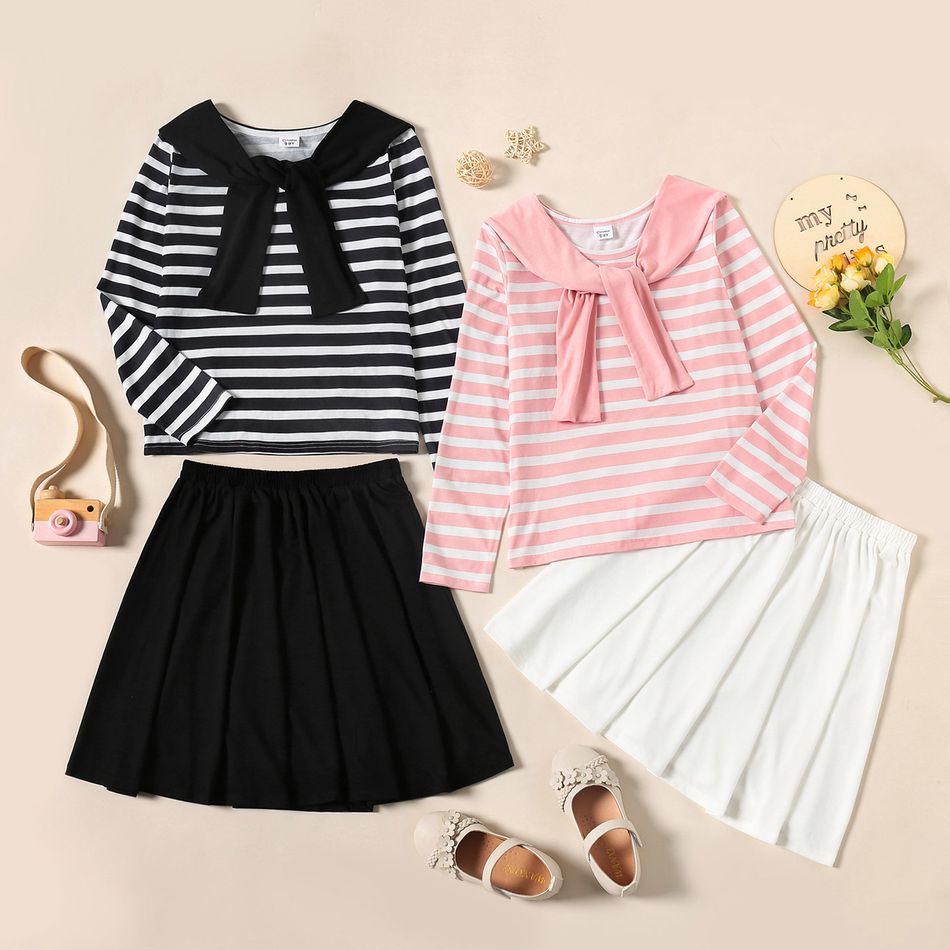 2-piece Kid Girl Stripe Shawl Design Long-sleeve Tee and Solid Color Skirt Set Black/White