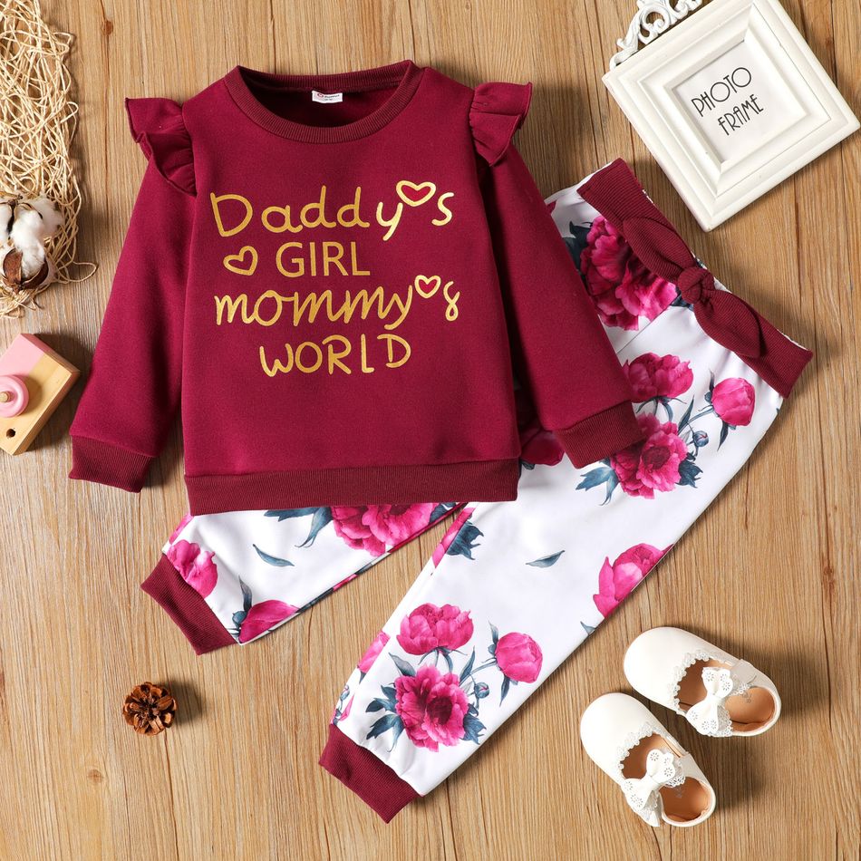 2-piece Toddler Girl Letter Print Ruffled Pullover Sweatshirt and Bowknot Design Floral Print Pants Set Burgundy