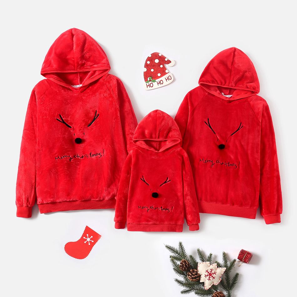 Christmas Antler Red Plush Hooded Family Matching Sweatshirts Red